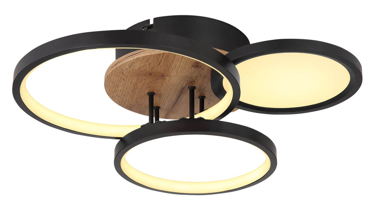 Gros plan sur les anneaux LED noirs et la fixation ronde en bois clair.