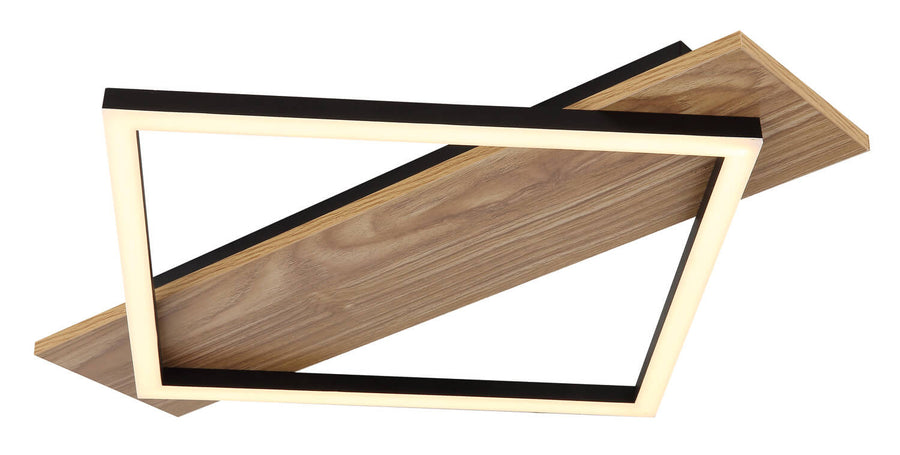 Détail du cadre noir mat et de la surface en bois, lumière LED allumée.