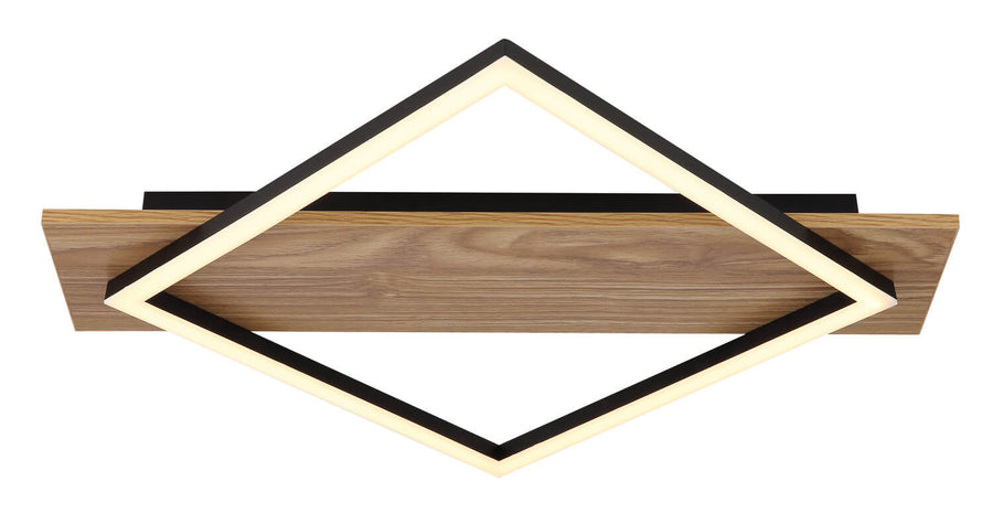 Vue de face du plafonnier carré noir mat, cadre lumineux et panneau bois horizontal.