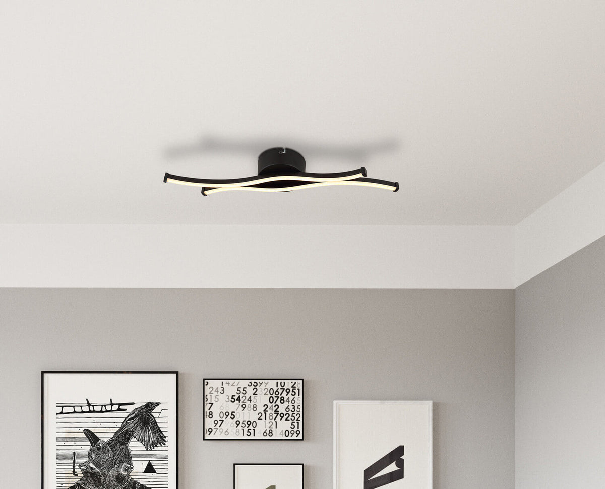 Plafonnier noir mat installé au plafond dans un intérieur contemporain, au-dessus de cadres muraux.