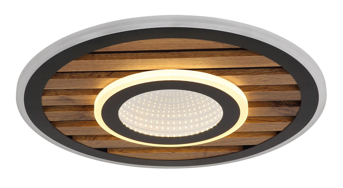 Vue du plafonnier allumé avec anneau LED et diffuseur central en fonctionnement