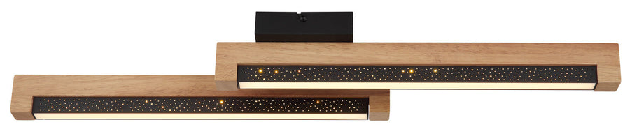 Gros plan sur la finition bois et le motif constellation parsemé de points lumineux.