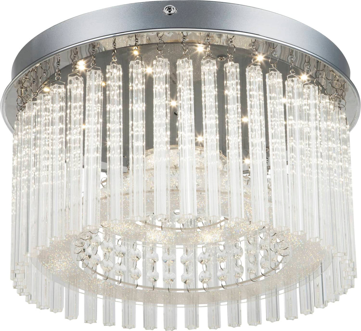 Vue rapprochée du plafonnier rond avec ses tubes de cristal et sa finition chromée.