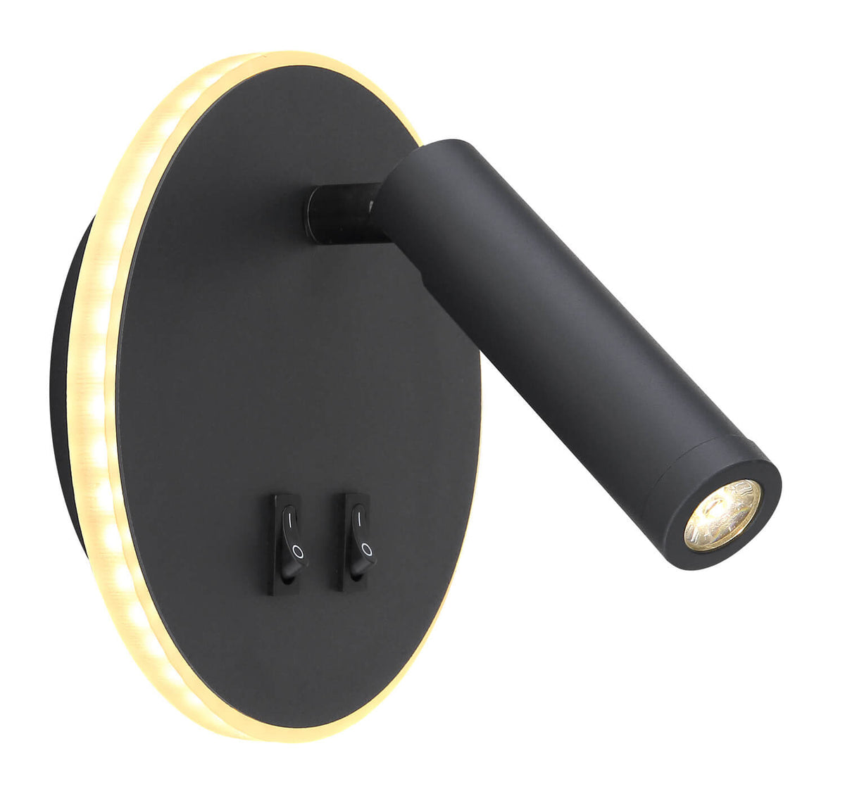 Vue de trois quarts de l'applique noire, halo périphérique allumé et bras de lecture orientable