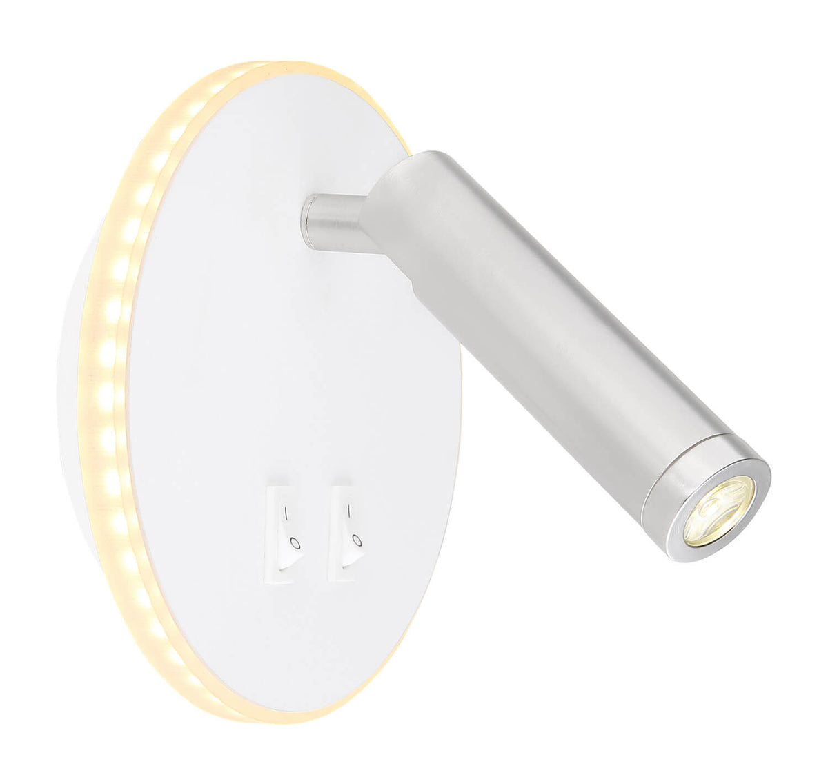 Vue de face du luminaire mural blanc avec bras cylindrique orientable et LED
