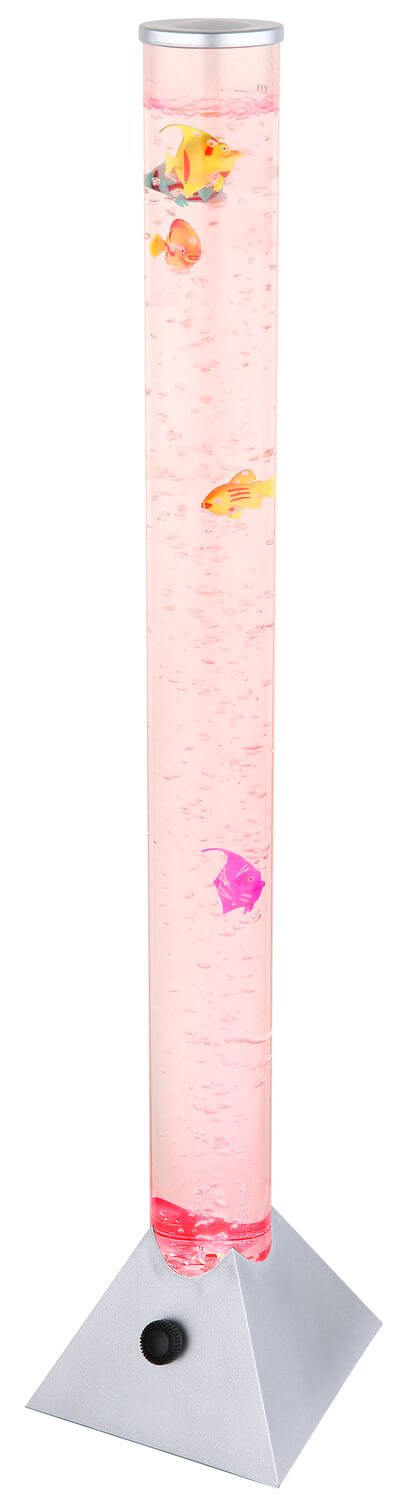 Vue entière du lampadaire sur fond blanc, colonne rose et base argentée.