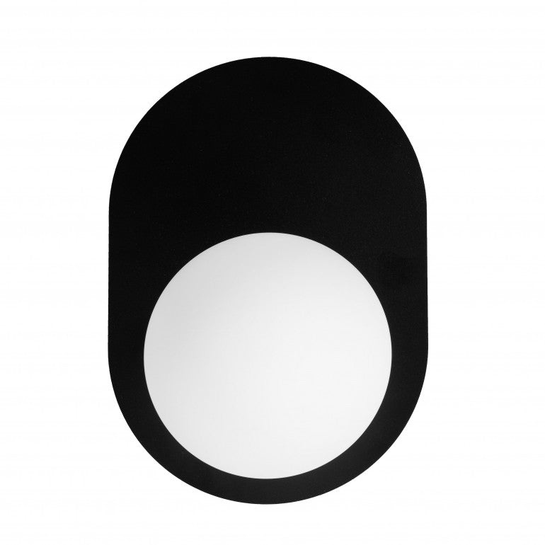 Vue frontale de l'applique murale noire, grand diffuseur circulaire blanc intégré.