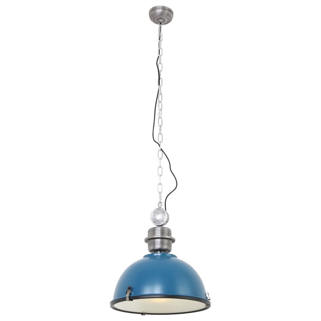 Vue d'ensemble de la suspension bleu canard avec chaîne et rosace de plafond.