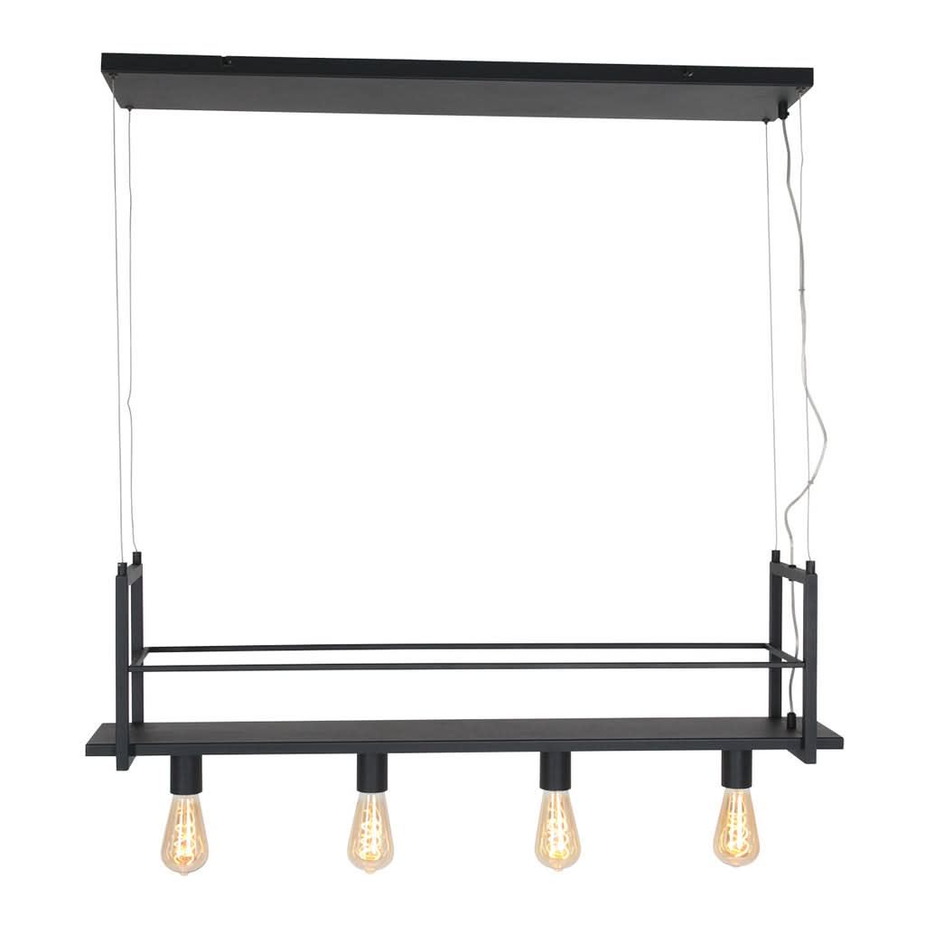 Vue de face d'une suspension noire rectangulaire avec quatre ampoules Edison allumées.