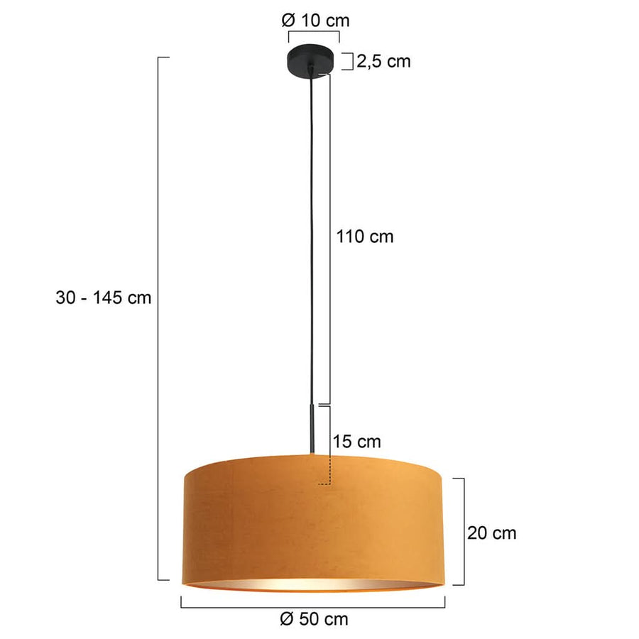Dimensions de la suspension : abat-jour Ø 50 cm, hauteur 20 cm, réglable 30-145 cm