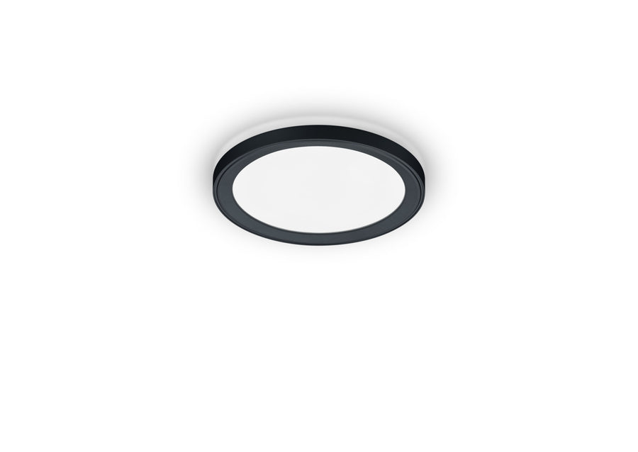 Vue de face rapprochée du plafonnier rond au cerclage noir
