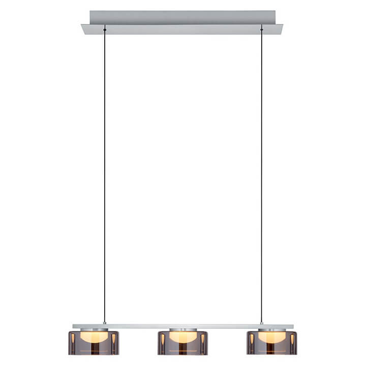 Suspension vue de face, trois abat-jours cylindriques en verre fumé sous un rail nickel satiné