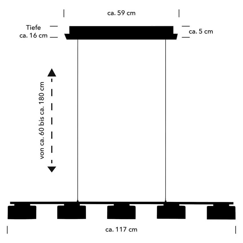 Schéma coté indiquant largeur 117 cm et hauteur réglable de 60 à 180 cm