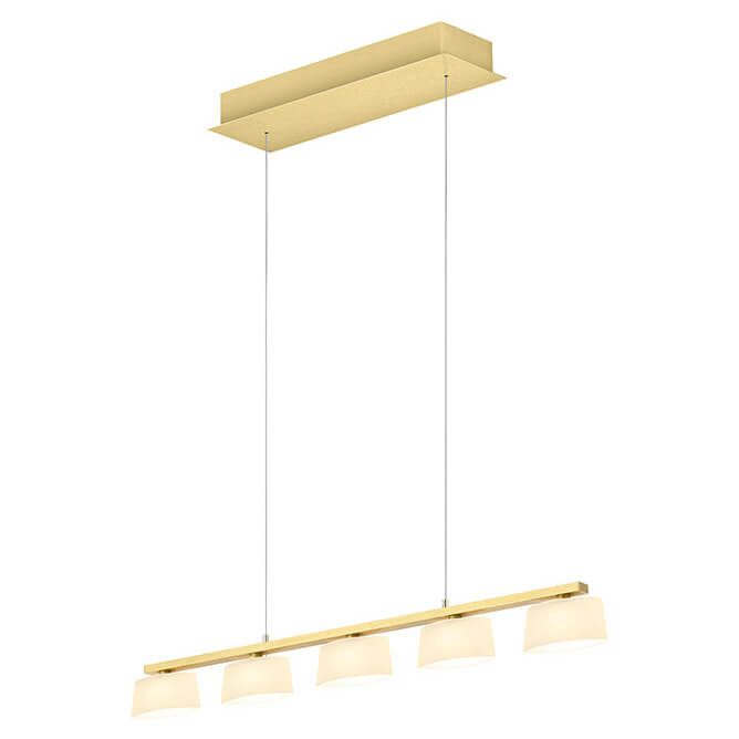 Vue en angle du luminaire doré montrant la barre et les cinq diffuseurs opale