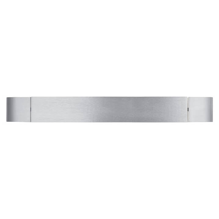 Vue de face de l'applique murale, longue barre rectangulaire en aluminium brossé.