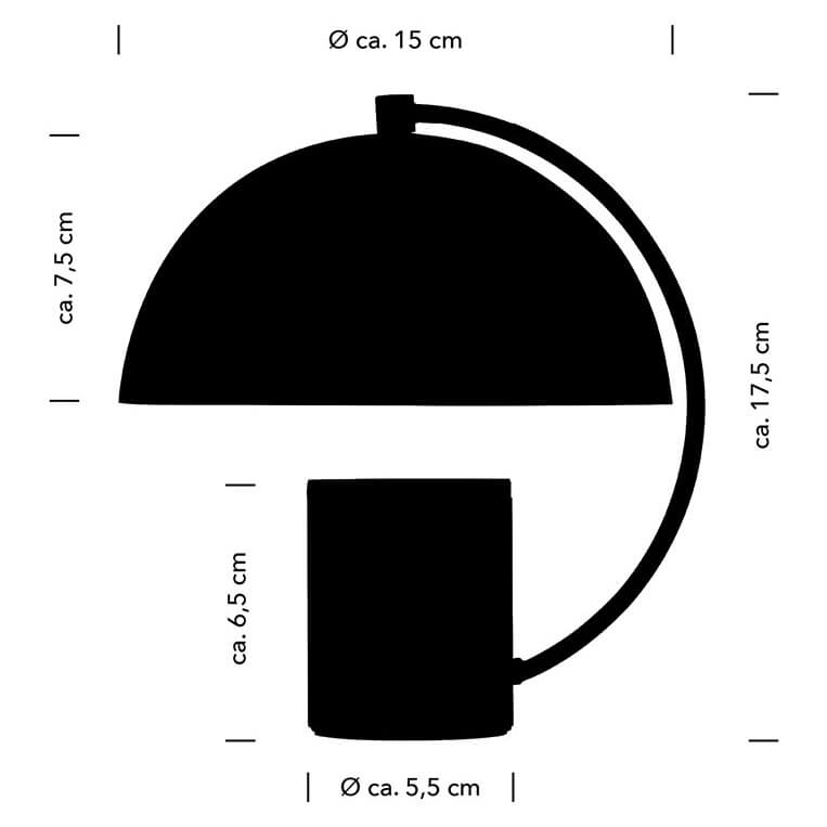 Schéma coté : hauteur 17,5 cm, abat-jour 15 cm, base 5,5 cm.