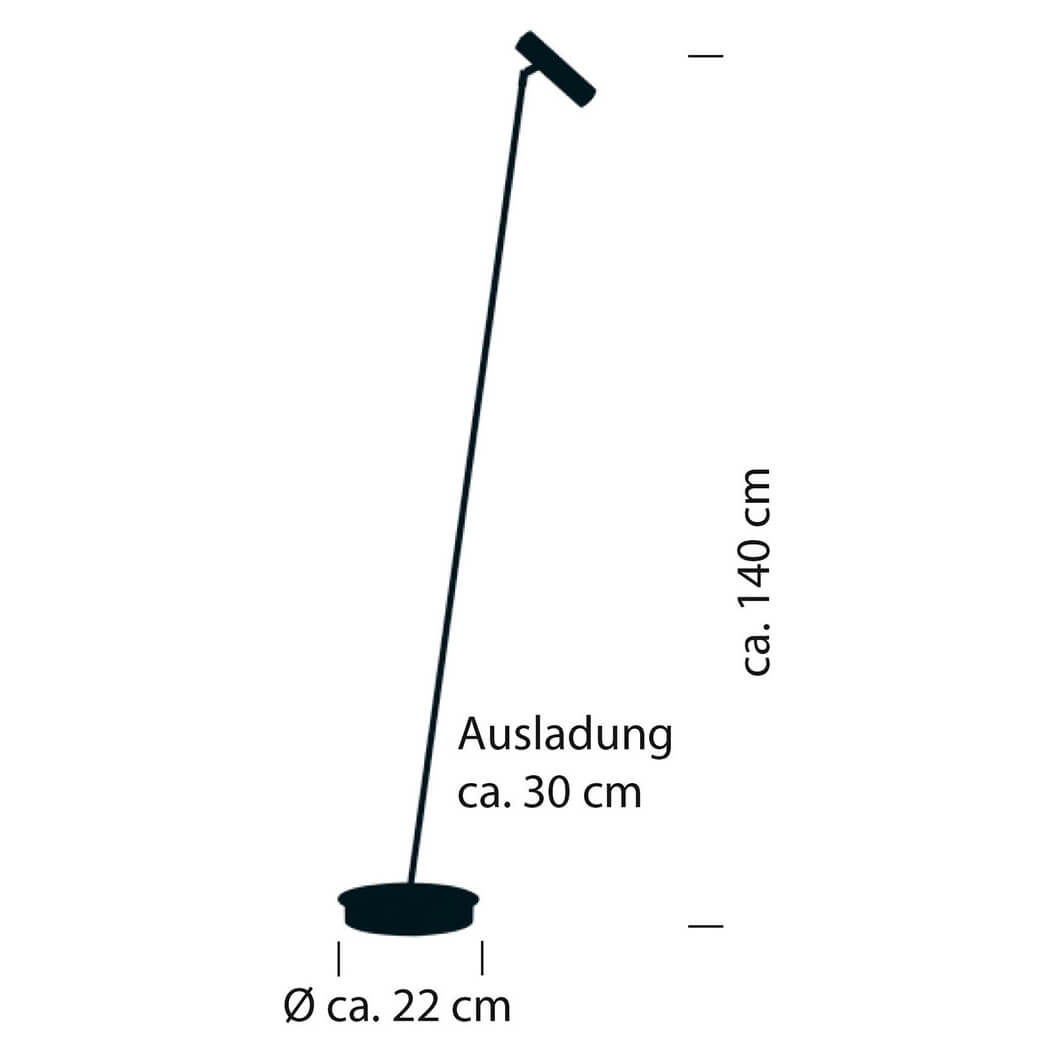 Schéma coté du lampadaire : hauteur 140 cm, base 22 cm, porte-à-faux 30 cm
