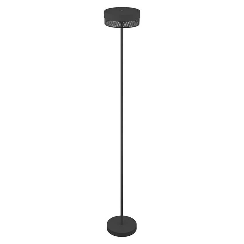 Vue en pied du lampadaire noir, abat-jour cylindrique en métal perforé.