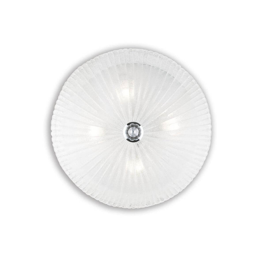 Vue de face du plafonnier rond en verre transparent à motif rayé