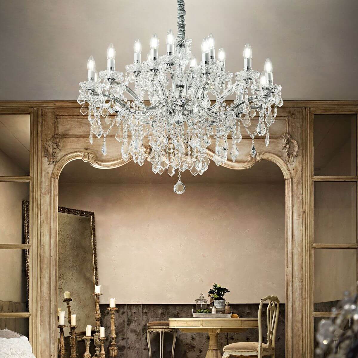 Suspension Florian 18 lumières chromée, cristal