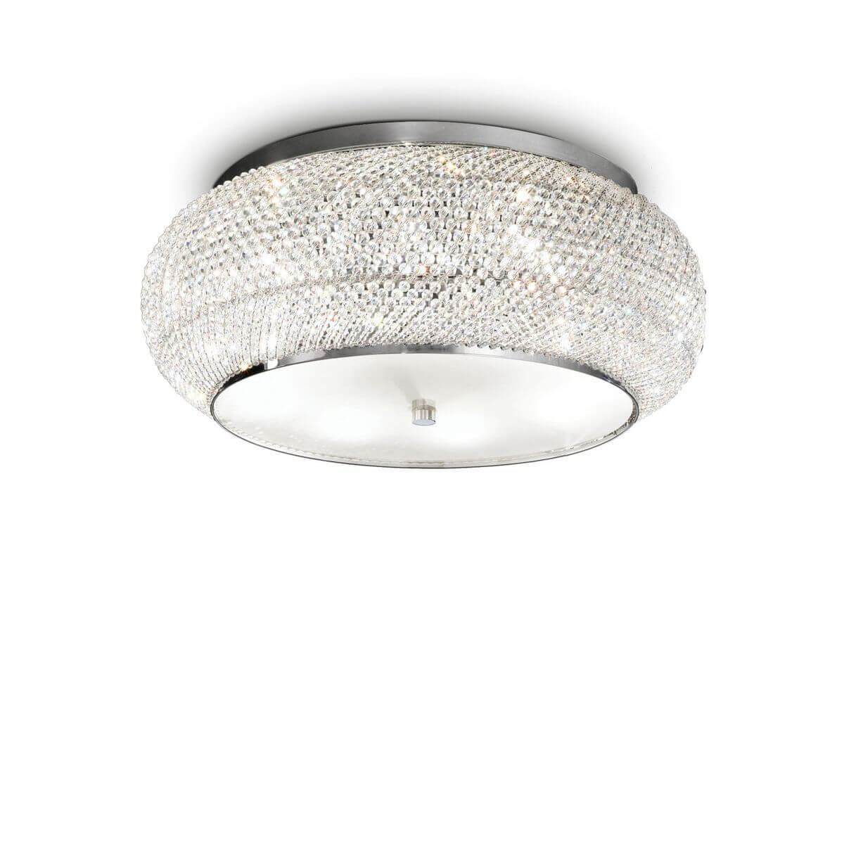 Plafonnier rond en cristal tressé et chrome photographié de face sur fond blanc