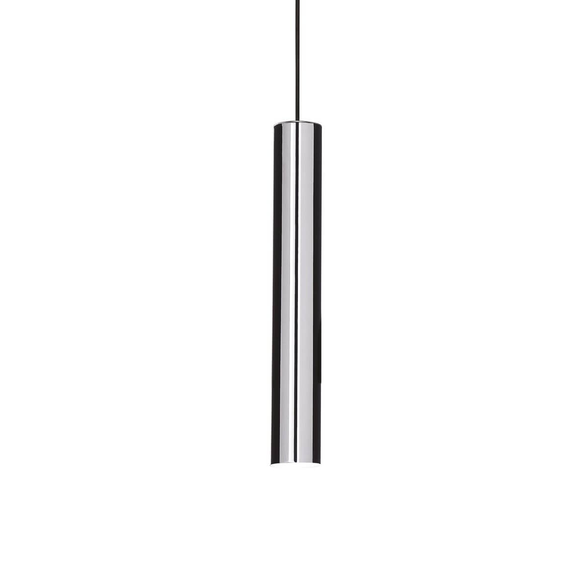 Suspension cylindrique chromée vue de face, finition brillante, suspendue par un fin câble noir