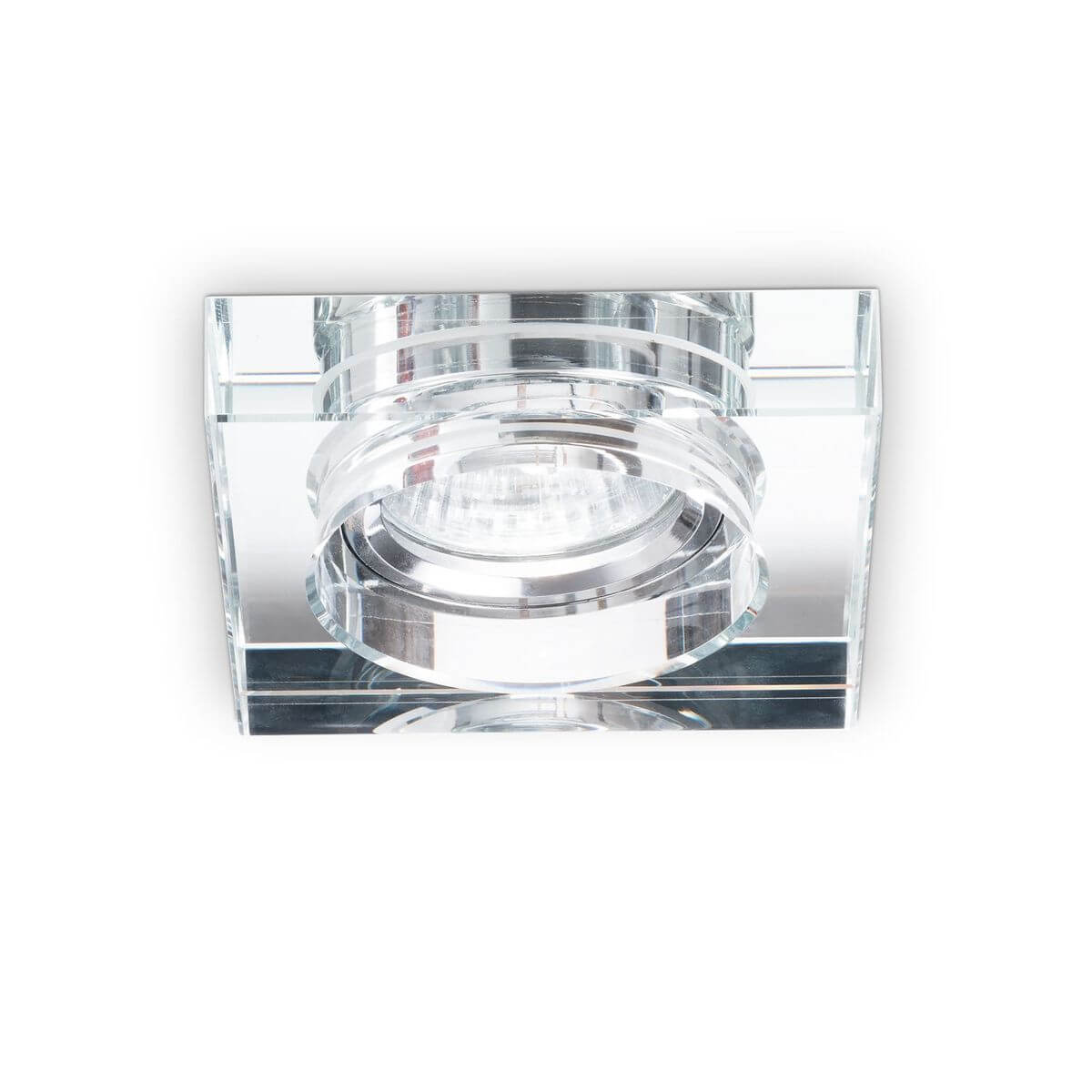 Spot encastrable carré en verre transparent vu de face, LED centrale visible