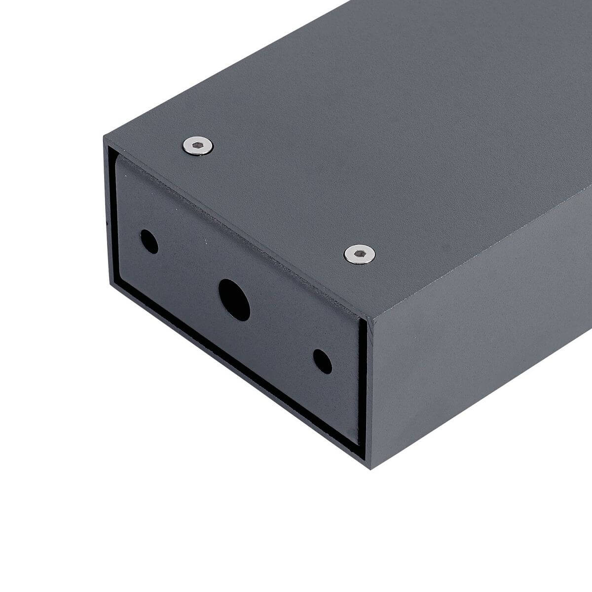 Détail du luminaire anthracite avec vis, trous et finition mate texturée