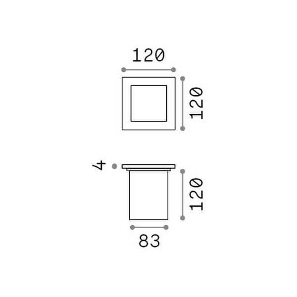 Schéma coté : largeur 120 mm, hauteur 120 mm, profondeur d'encastrement 120 mm, découpe 83 mm.