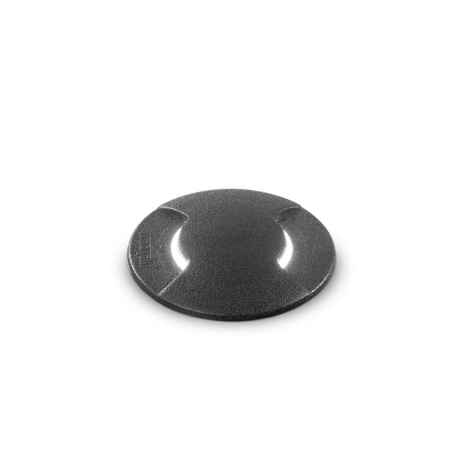 Vue de face du luminaire extérieur noir avec capot rond et finition granuleuse