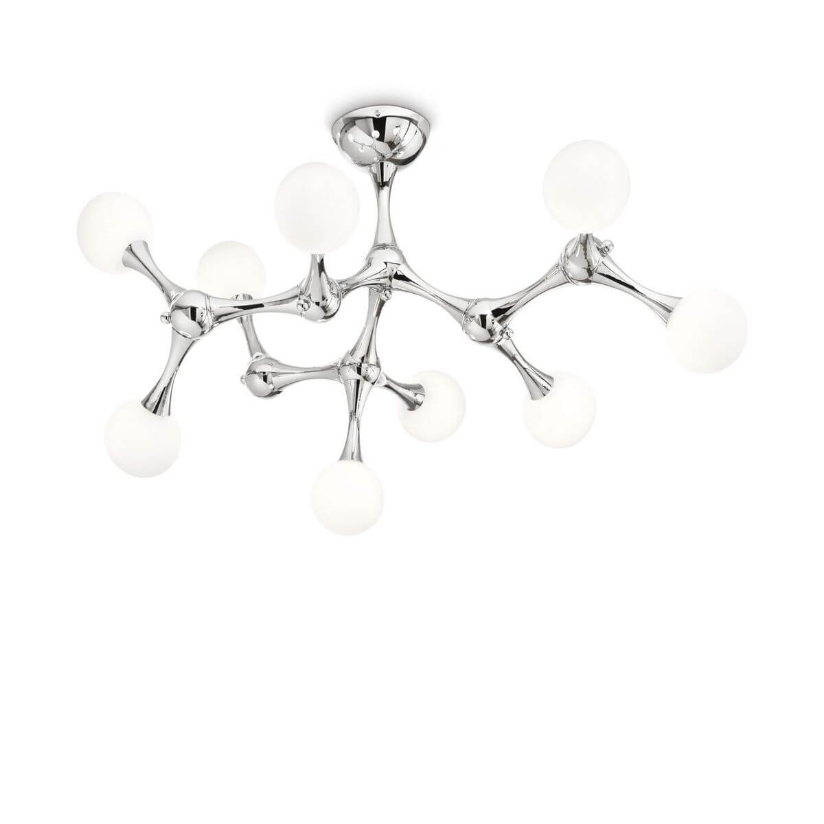 Plafonnier chromé à neuf globes de verre blanc opalin, vue de face sur fond blanc