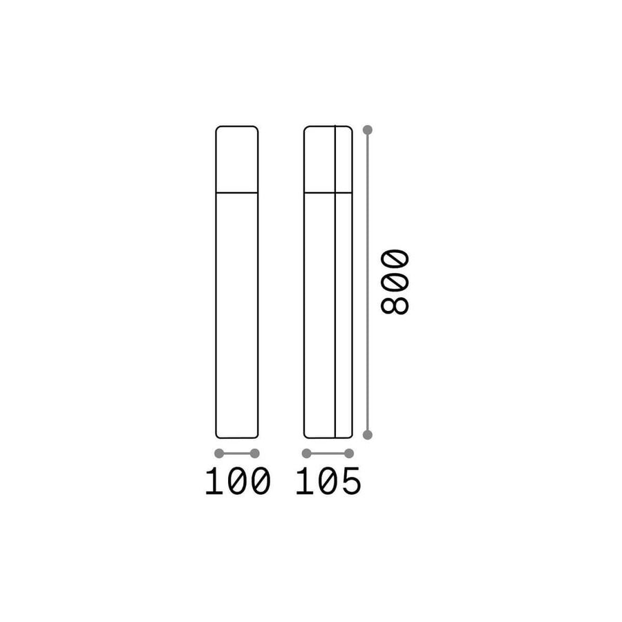 Schéma coté du lampadaire : hauteur 800 mm, largeur 100 et 105 mm