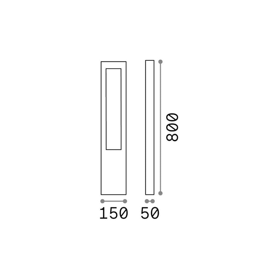 Schéma coté du luminaire : hauteur 800, largeur 150, profondeur 50