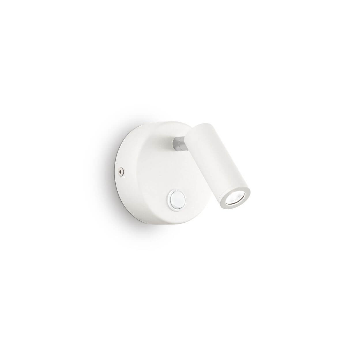 Applique murale blanche vue de face, tête cylindrique orientable et interrupteur sur socle rond