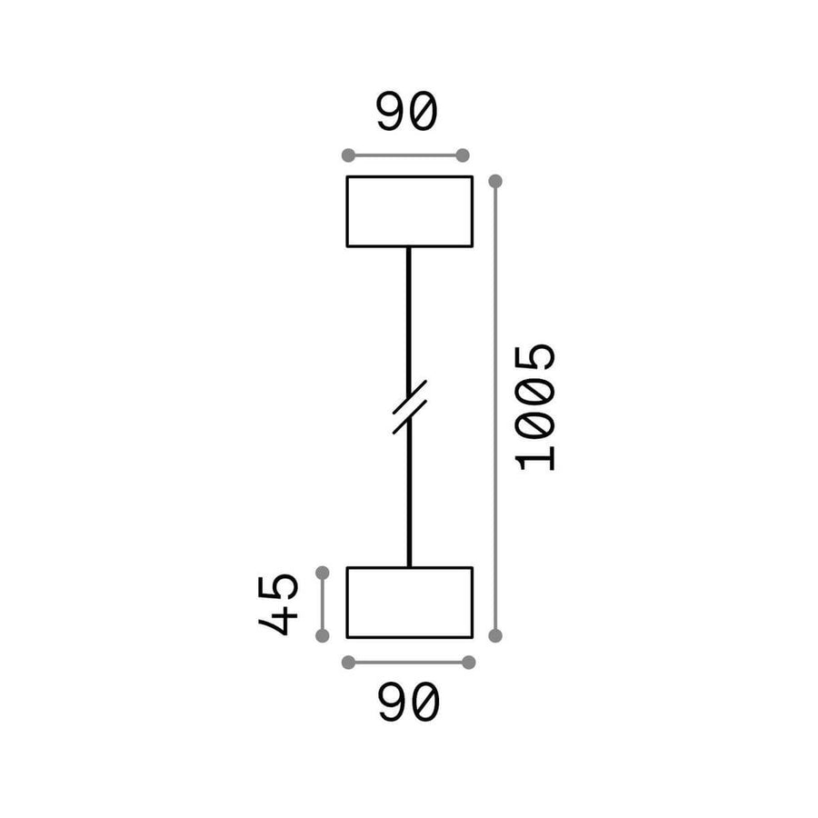 Schéma de dimensions du luminaire suspendu : diamètre 90 et hauteur totale 1005 millimètres.