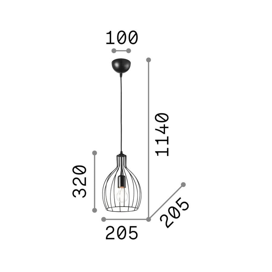 Schéma de dimensions indiquant hauteur 320 mm, diamètre 205 mm et câble 1140 mm