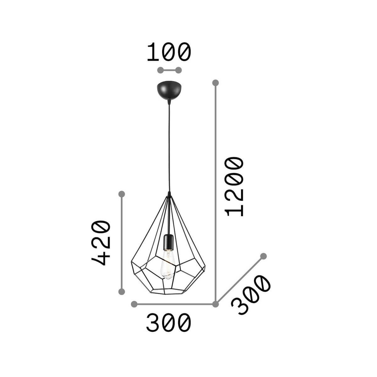 Schéma coté de la suspension : hauteur 420 mm, largeur 300 mm, câble 1200 mm