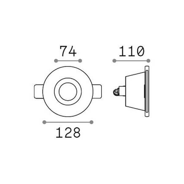 Schéma technique coté : diamètre 128 mm, largeur 74 mm, profondeur 110 mm.