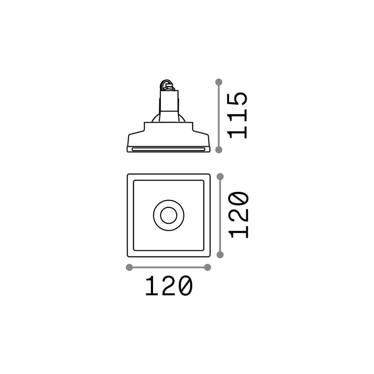 Schéma coté du spot : largeur 120 mm, profondeur 120 mm, hauteur totale 115 mm