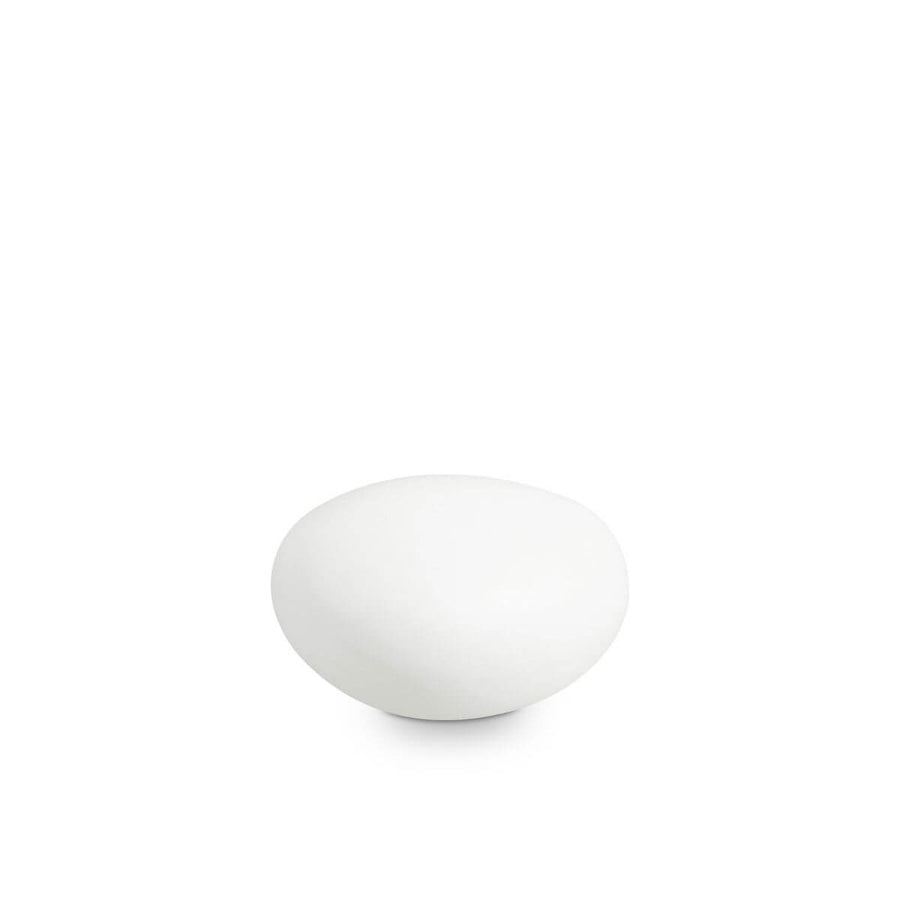 Lampadaire extérieur blanc ovale présenté de face sur fond blanc