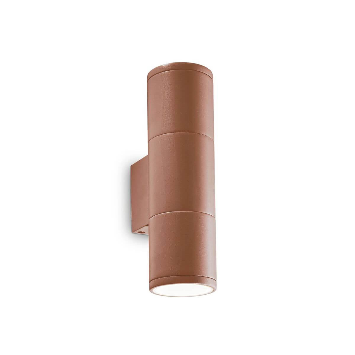 Applique extérieure marron vue de face, corps cylindrique vertical à deux éclairages haut et bas