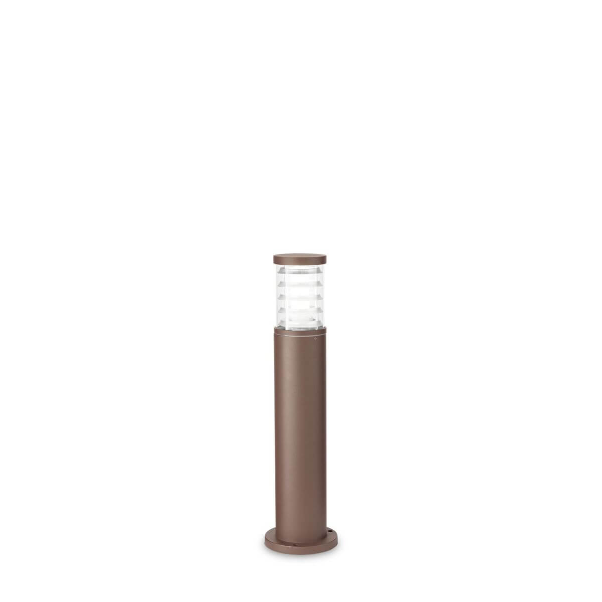 Lampadaire extérieur cylindrique marron avec tête vitrée transparente, vue de face sur fond blanc