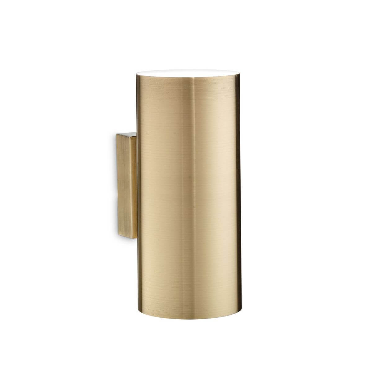 Applique murale cylindrique en métal doré brossé, présentée de face sur fond blanc