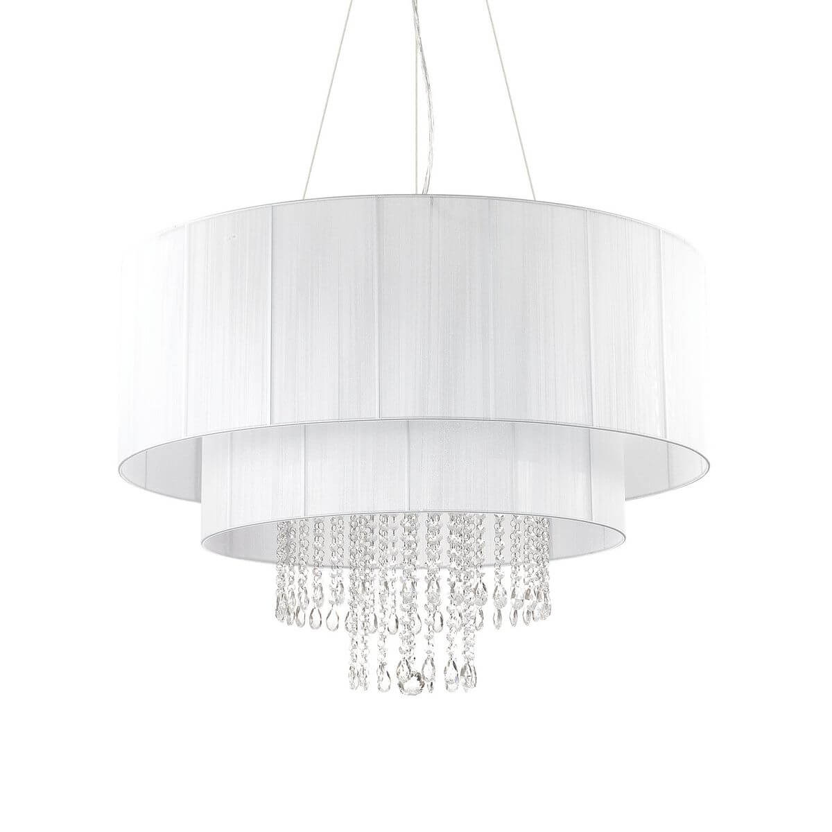 Vue produit de face sur fond blanc, double abat-jour cylindrique et cascade de cristal