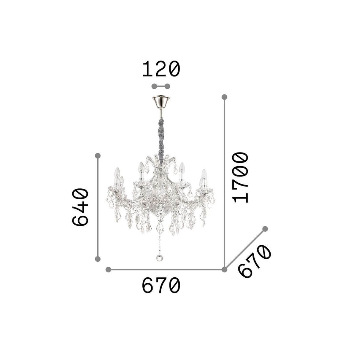 Schéma de dimensions du lustre avec hauteur 640, largeur 670 et hauteur totale 1700 millimètres.
