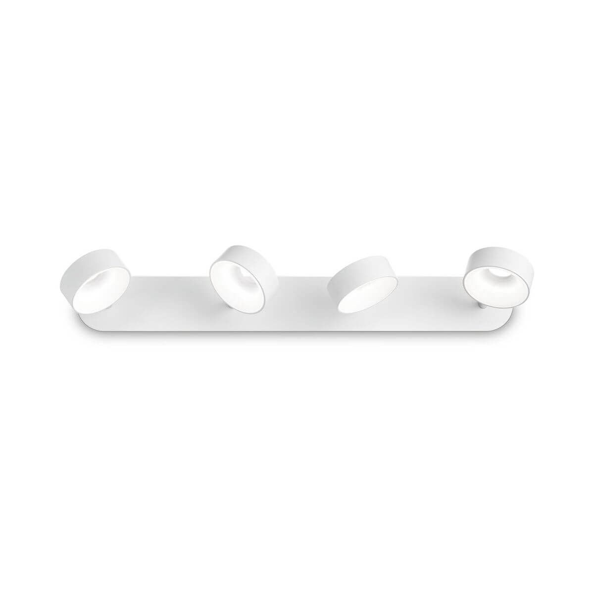 Plafonnier blanc à quatre spots ronds orientables montés sur une platine rectangulaire.