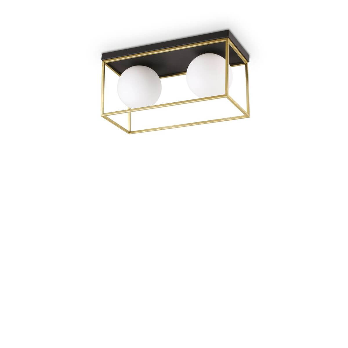 Vue du plafonnier rectangulaire noir et laiton équipé de deux globes en verre opalin