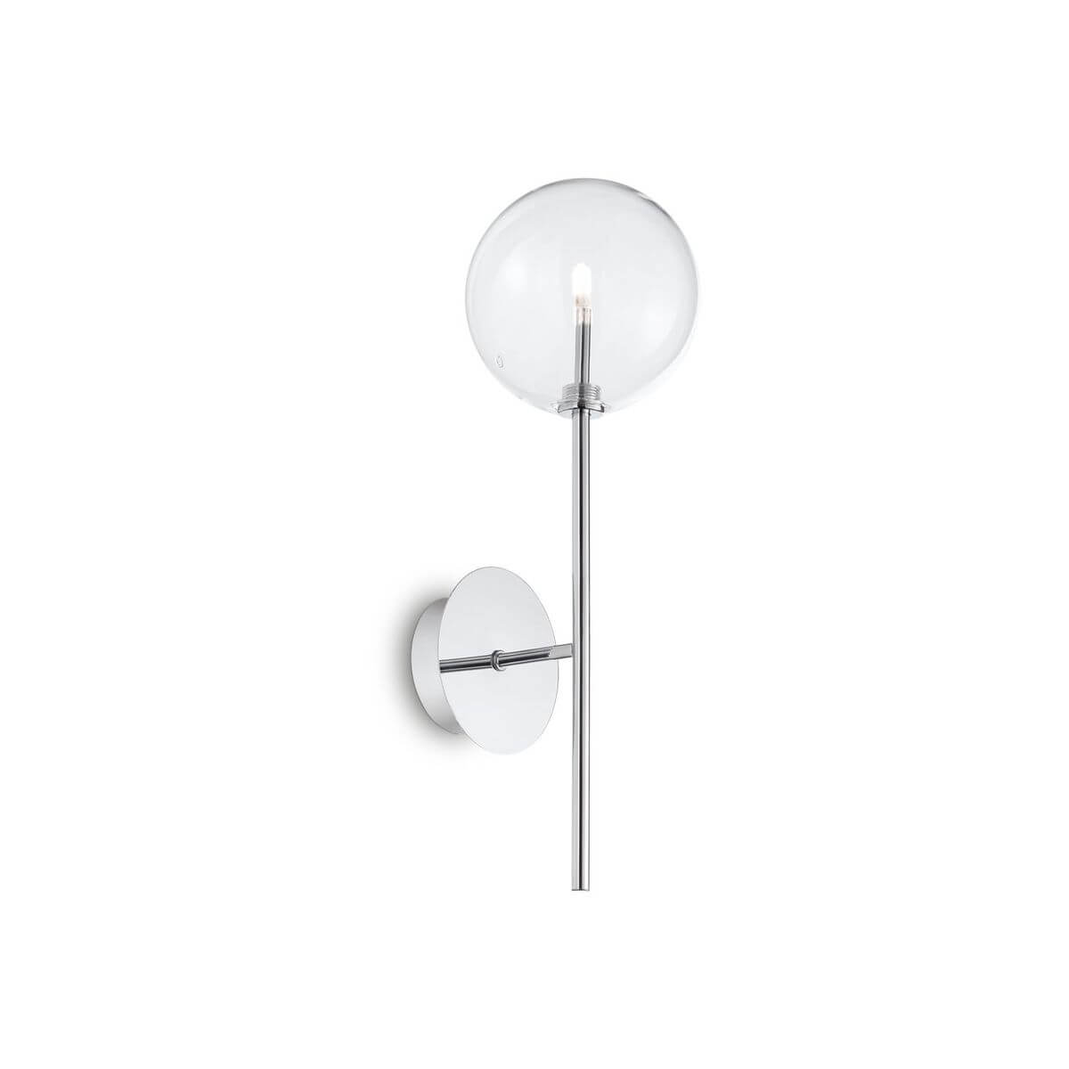 Applique murale chromée avec globe de verre transparent sur tige verticale