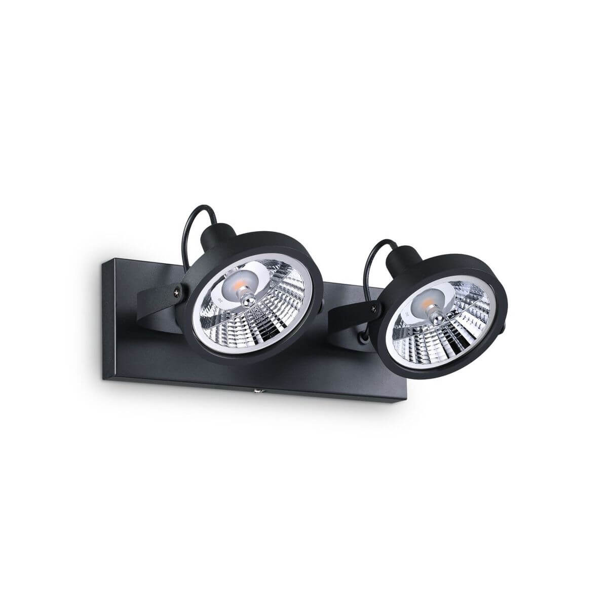 Plafonnier noir deux spots ronds orientables, vue de face sur fond blanc