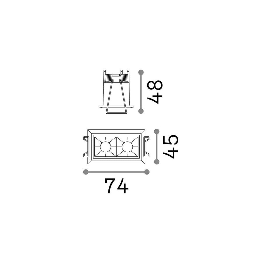 Schéma technique coté du spot : largeur 74, profondeur 45, hauteur 48 millimètres
